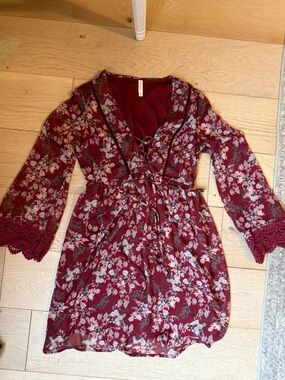 Floral Tie-Front Burgundy Dress